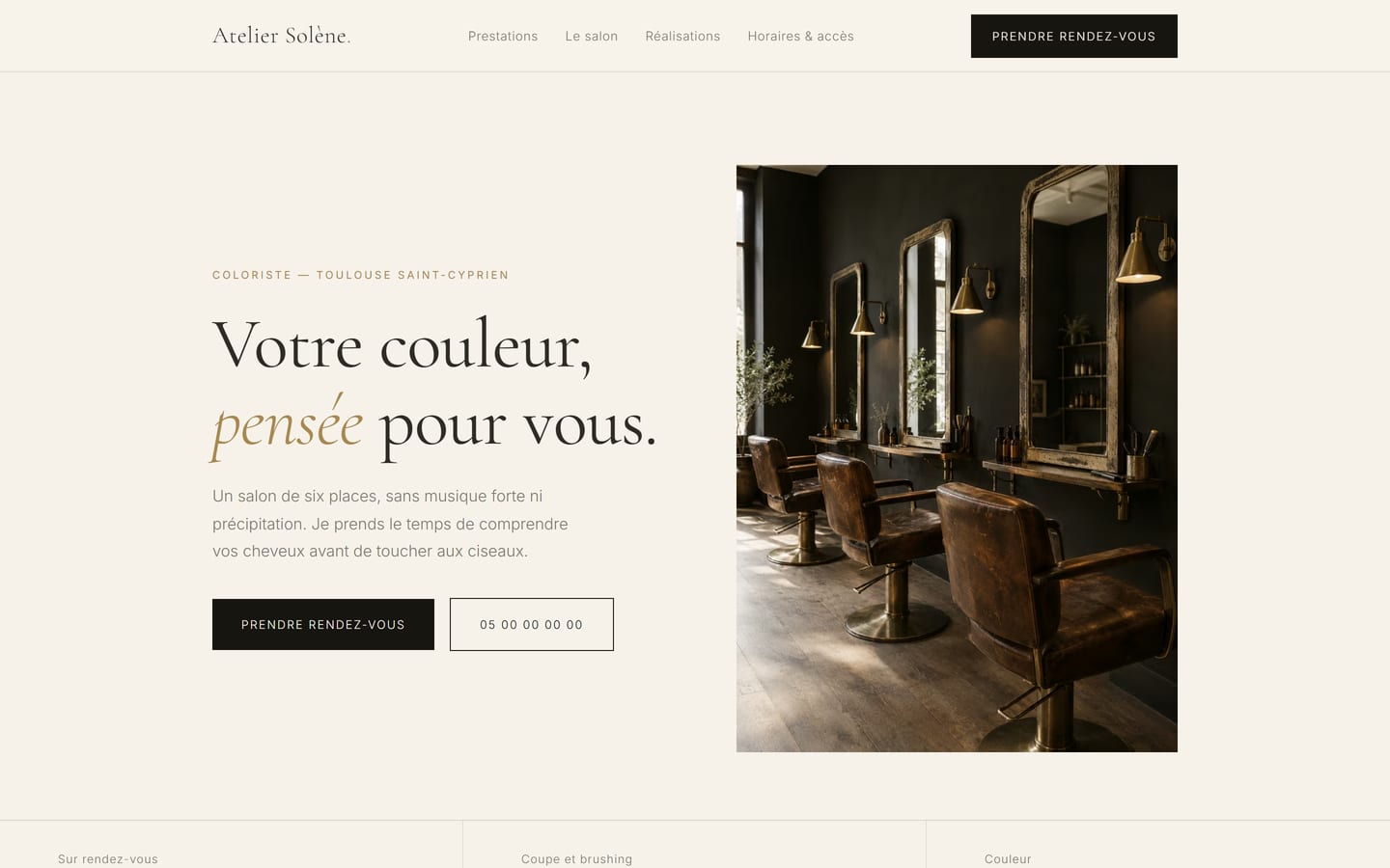 Démonstration du site Atelier Solène, salon de coiffure