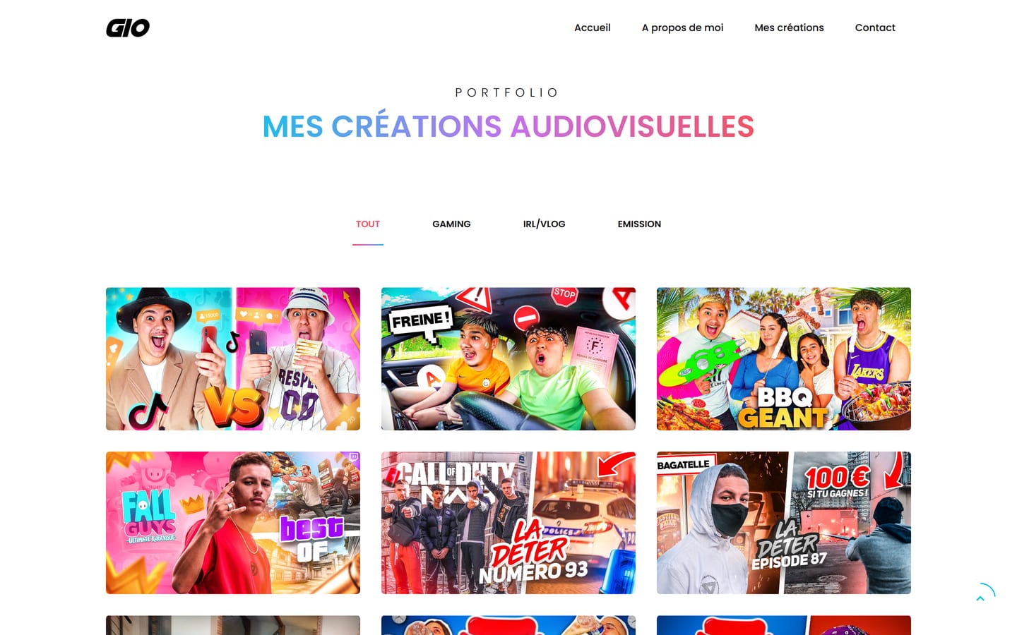 Section « Mes créations audiovisuelles » sur ordinateur : les filtres Tout, Gaming, IRL/Vlog et Émission au-dessus d'une grille de vignettes YouTube.