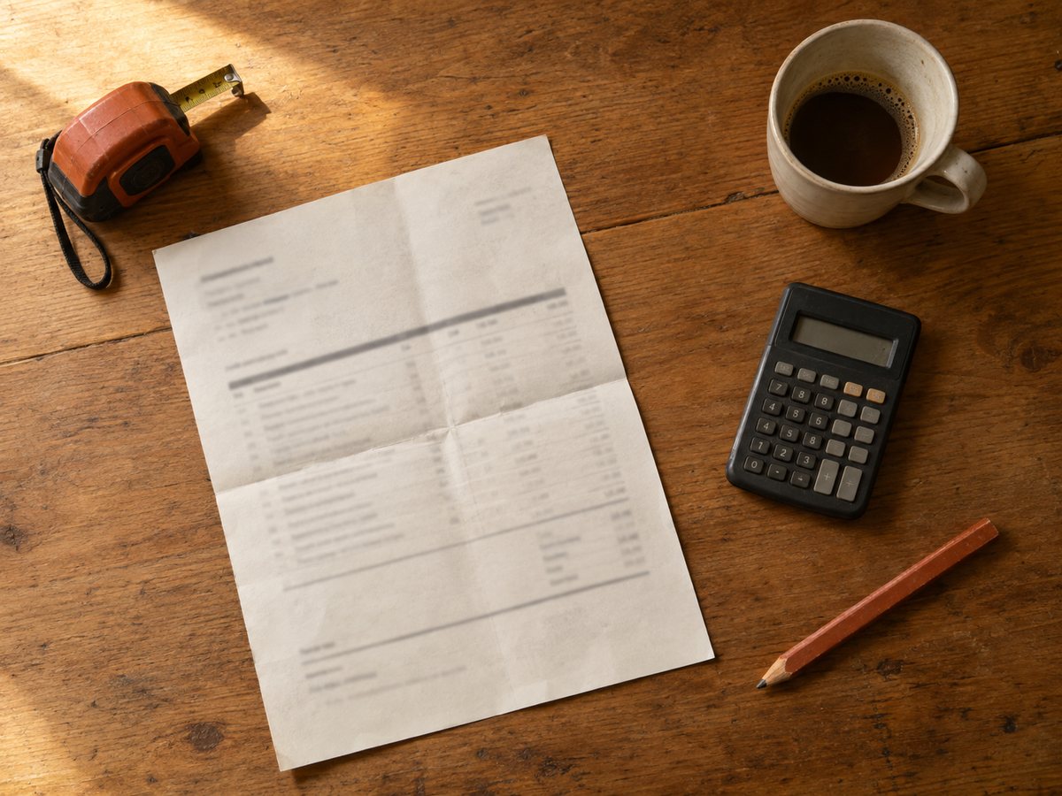 Devis papier, calculatrice, mètre et café posés sur une table en bois