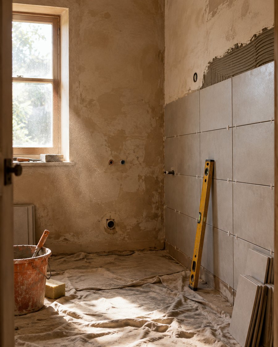 Chantier de rénovation de salle de bain en cours, carrelage à mi-hauteur