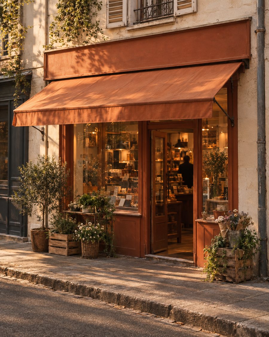Devanture d'un commerce de proximité avec store terre cuite, en fin de journée