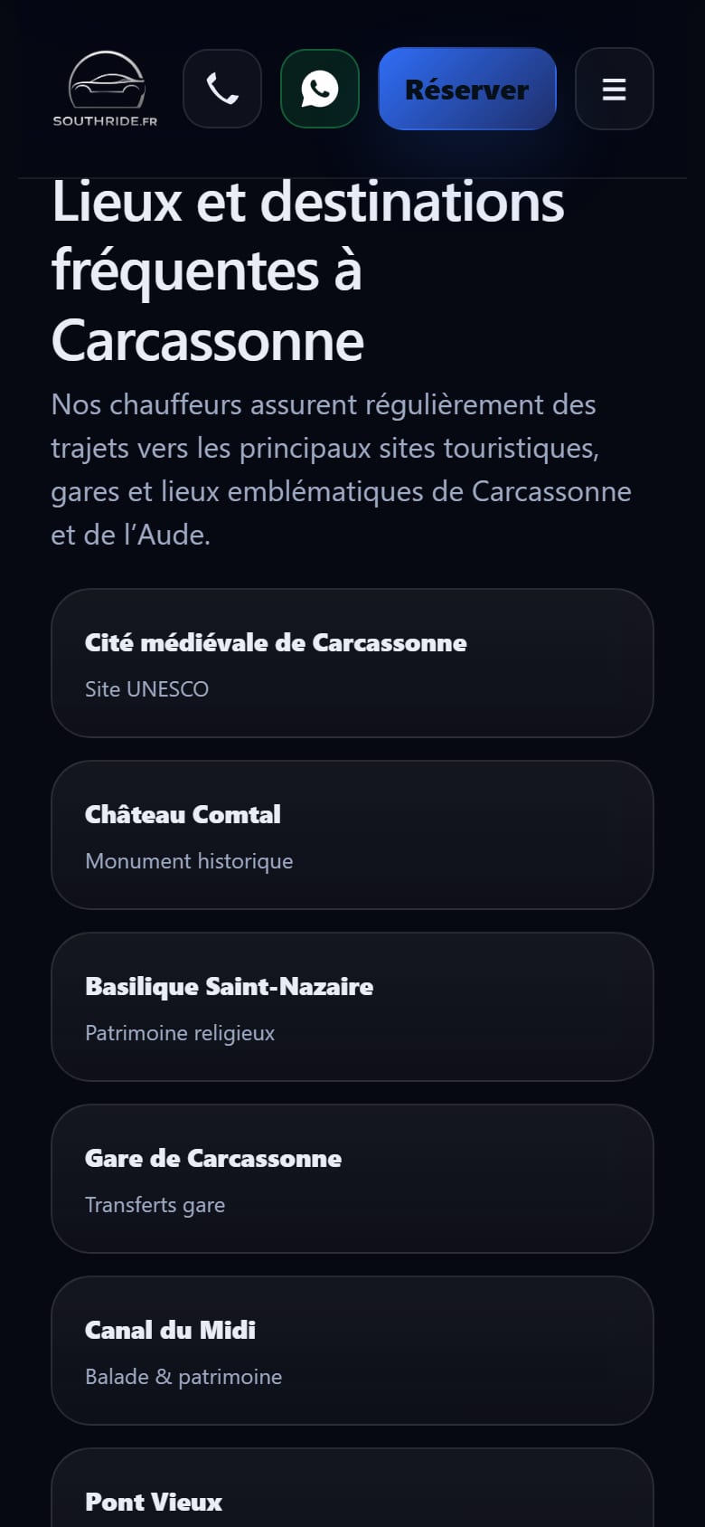 Page Carcassonne sur téléphone : la liste des lieux fréquents, de la cité médiévale à la gare.