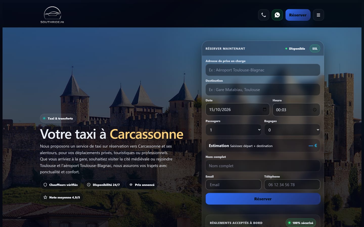 Page Carcassonne de South Ride sur ordinateur : le titre « Votre taxi à Carcassonne » sur une photo de la cité médiévale.