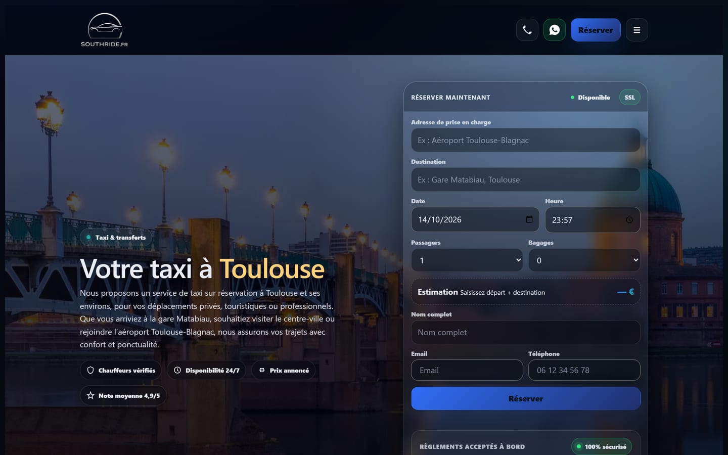Page d'accueil du site South Ride, taxi sur réservation à Toulouse