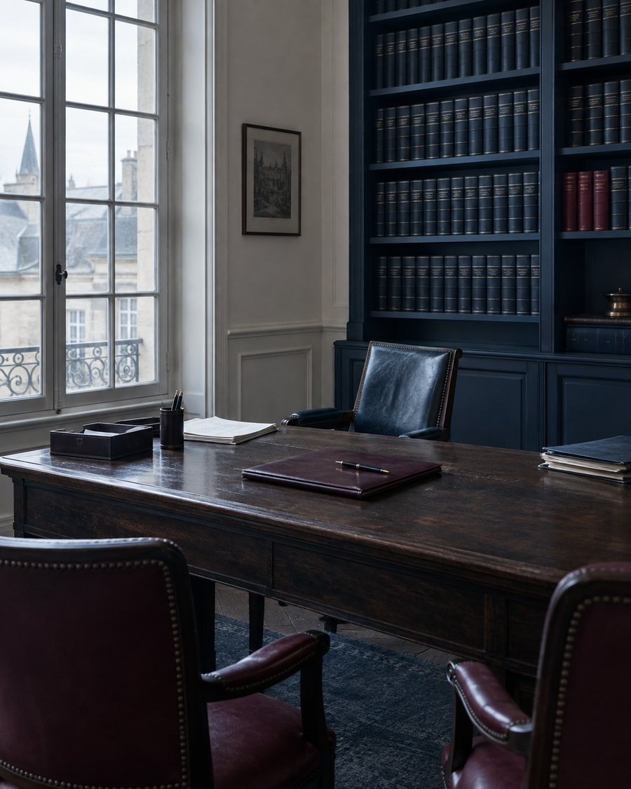 Bureau du cabinet, bibliothèque juridique et fauteuils