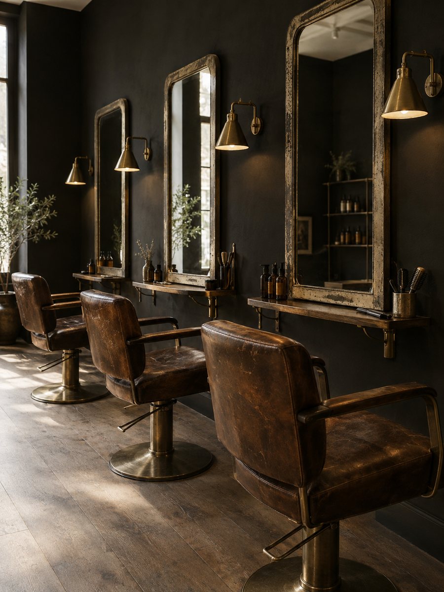 Intérieur du salon, fauteuils de cuir et miroirs anciens
